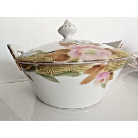 Vintage Hand Paint Gold Gilded Nippon Japan Lidded Bowl Rising Sun Mark 1920's - Picture 11 of 12